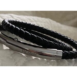 RG&B Double Woven Black Leather Wrap Bracelet, Silver & Adjustable Sizing